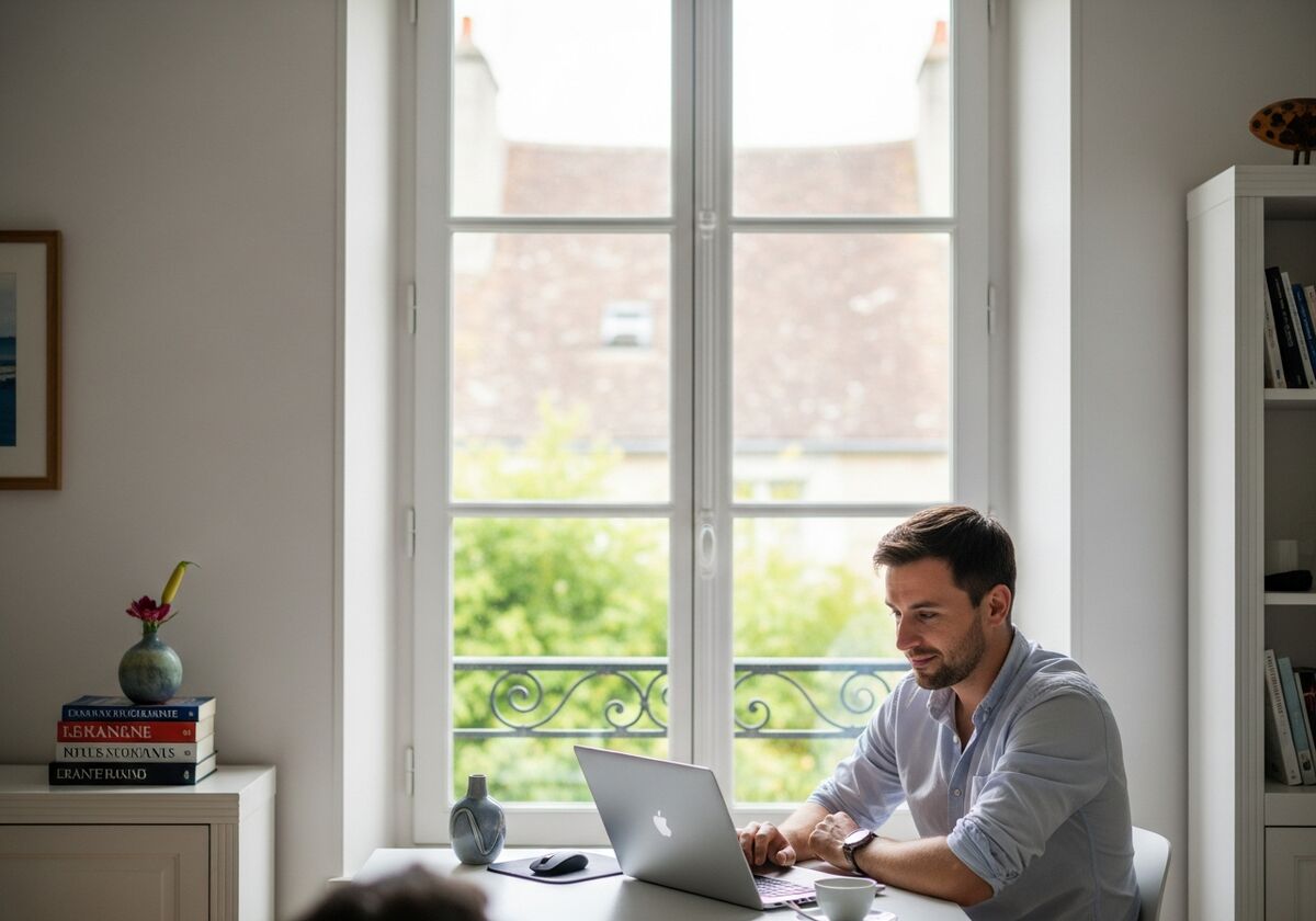 A British expat working comfortably on a laptop in a bright French home office